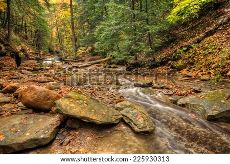 One of the many scenic waterfalls along the Sulpher Springs Creek in Ohio during peak fall colors. This small waterfall looks it\'s best with peak autumn colors in the trees.