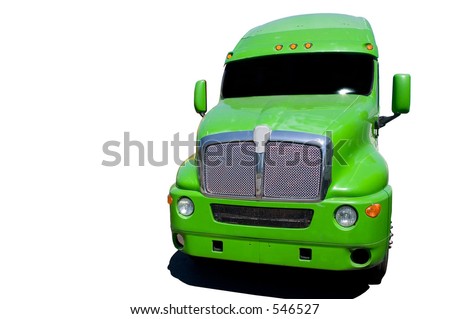 Big green semi truck isolated on a white background.