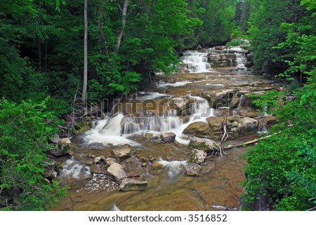A small cascade in central New York called Stockbridge Falls. Taken with a slow shutter speed to smooth and soften the water. The stream is framed with the colorful and lush green leaves of spring.