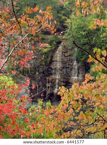 A beautiful waterfall in the distance framed by the colorful leaves of the autumn trees.