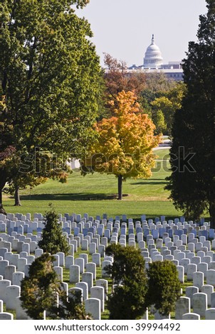 Rows of grave stone markers in Arlington National Cemetery in Washington DC. The Capital dome is visible in the background.  An eternal reminder of the cost of war.