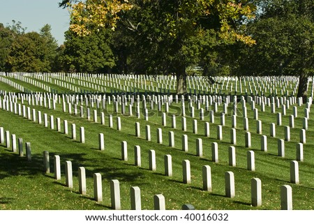 Rows of grave stone markers in Arlington National Cemetery in Washington DC.
