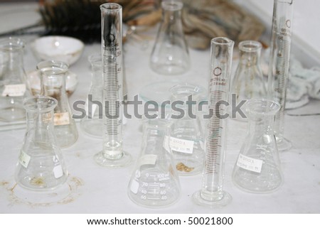 Science measuring glass beakers.