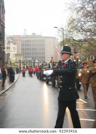 YORK, ENGLAND - DECEMBER 5: Armistice day practice by the British military and police in York city center on December 5, 2011 in York, England.