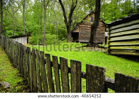 Pioneer cabin with fence in the Smoky Mountains.