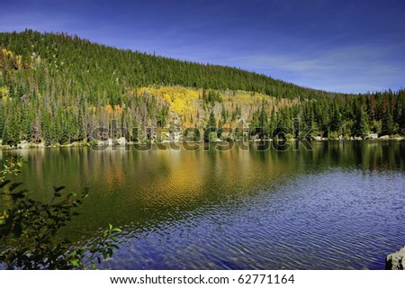 Fall colors mixed with pine trees reflecting in Bear Lake, Rocky Mountain national park