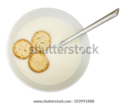 KoldskÃ?Â¥l, Danish cold dessert primarily of buttermilk. With rusks. Isolated on white