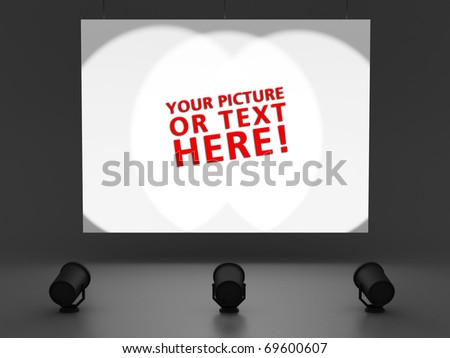 empty white billboard, with room for your text, lit up by three spots, with a dark background