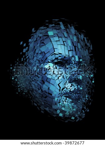 3D rendering of an exploded blue head with lots of facets on a black background