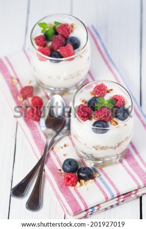 Yogurt with blueberry and raspberries in a glass