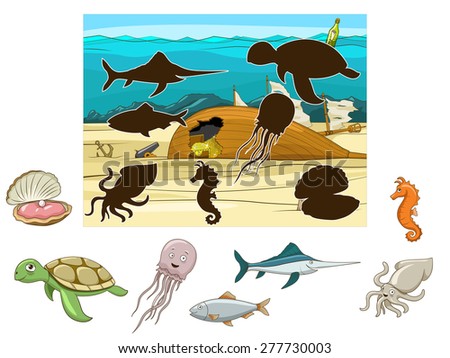 Match the underwater animals and fish to their shadows child game vector illustration