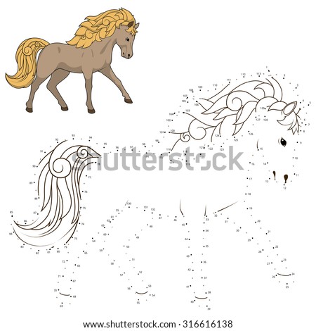 Connect the dots to draw wild horse  educational game vector illustration, learn animal, educational material, horse, wild, animal, cartoon