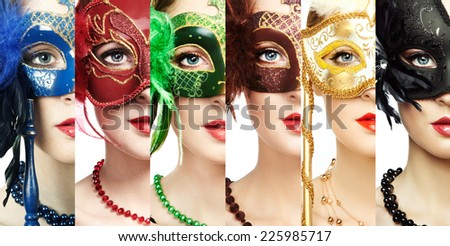 Woman in mysterious Venetian mask. Beauty collage. Faces of women. Fashion photo. Group of people