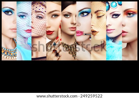 Beauty collage. Faces of women. Group of people. Fashion photo. Makeup and jewelry