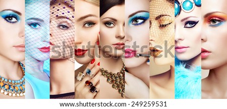 Beauty collage. Faces of women. Group of people. Fashion photo. Makeup and jewelry