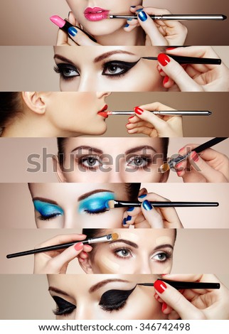 Beauty collage. Faces of women. Fashion photo. Makeup artist applies lipstick and eye shadow
