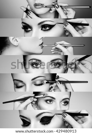 Beauty collage. Faces of women. Fashion photo. Makeup artist applies lipstick and eye shadow