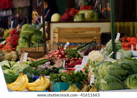 fruit counter - coloured groceries vegetable market stand, cauliflower