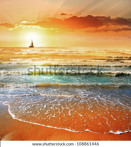 Sunset At Sea. Sailboat. Seascape.