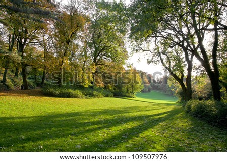 Autumn Park at sunset. The shadows on the green grass lawn. Autumn landscape.