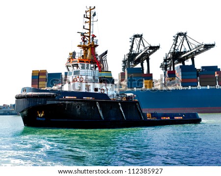Cargo sea port. Sea cargo cranes. Tug.