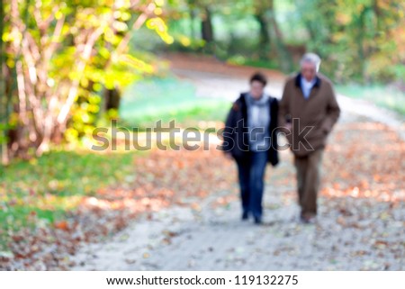 Mature couple walking in the park. Blurred motion. Autumn landscape.