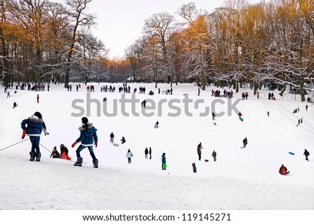 Funny group of children and adults playing in the snow. Park in the winter. The landscape.