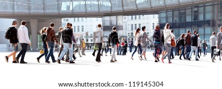 A Group Of Young People. Panorama. Urban Landscape.