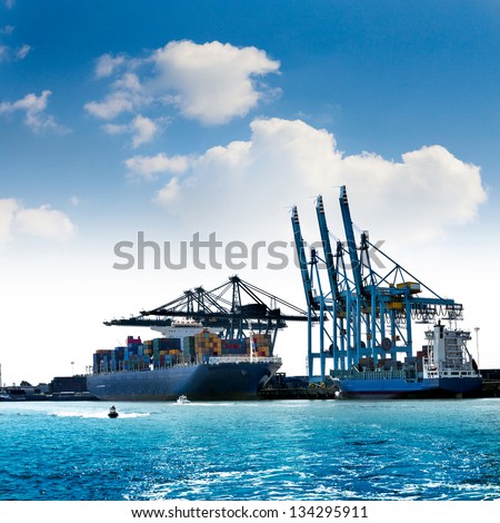 Cargo sea port. Sea cargo cranes. Seascape.