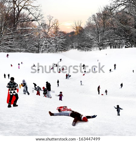 People playing in the winter park. Winter landscape.