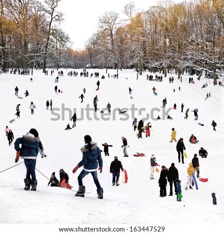 People playing in the winter park. Winter landscape.