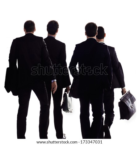 A group of businessmen on a white background. Urban scene.
