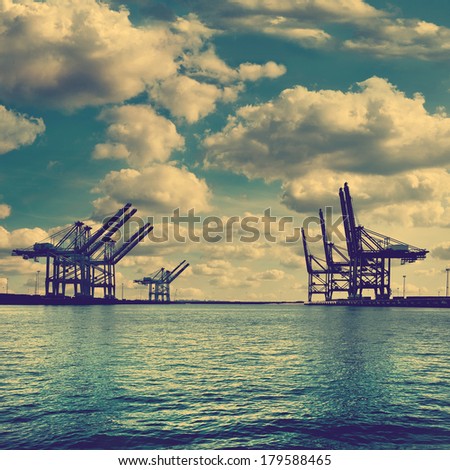 Cargo sea port. Sea cargo cranes. Sea.