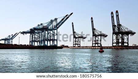 Cargo sea port. Sea cargo cranes. Sea. Panorama.