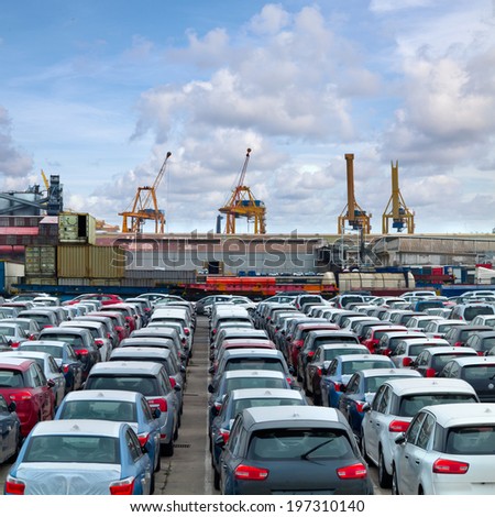 Cargo sea port. Sea cargo cranes. Cars. Seascape.
