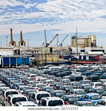 Cargo sea port. Sea cargo cranes. Cars. Seascape.