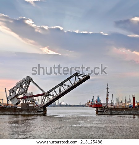 Cargo sea port. Sea cargo cranes. Bridge and marine gateway. Seascape.