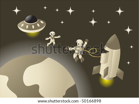 An astronaut floating in space meeting an alien going for a space hug.