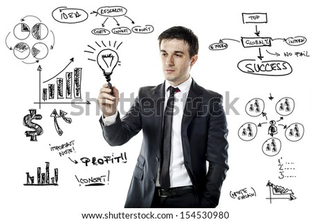 businessman drawing a virtual business plan
