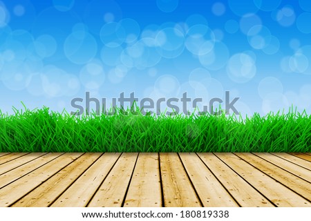 background with fresh green grass, wood floor and blue sky