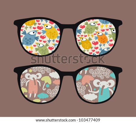 Retro Sunglasses With Cartoons Reflection In It. Vector Illustration Of