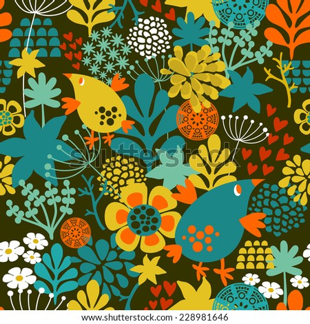 Romantic seamless pattern with cute vintage flowers and birds. Colorful vector background in retro style.