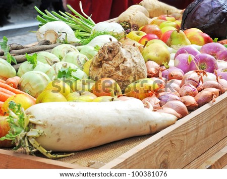Traditional winter fruit and vegetables on wooden tray
