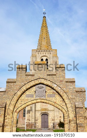 Entrance to Belgian World War I cemetery and church in Oeren, Flanders, Belgium