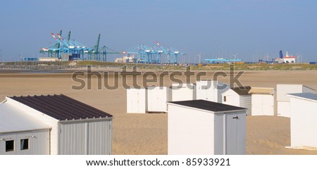 Port and beach with cabanas in Bruges, Belgium, Europe