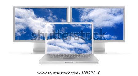 Front shot of dual flat panel monitors (LCD) and matching laptop. Isolated on white. EXTRA HI-RES!