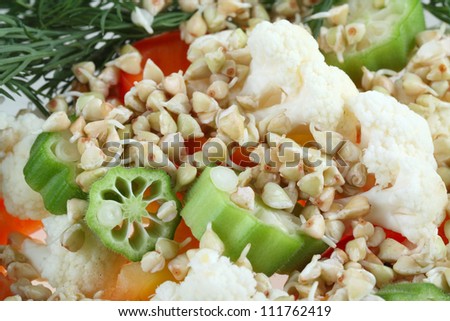 Vegetable salad greens made from okra, cauliflower, red pepper lettuce, dill and buckwheat