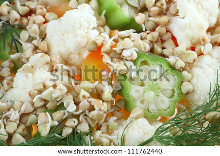 Vegetable salad greens made from okra, cauliflower, red pepper lettuce, dill and buckwheat