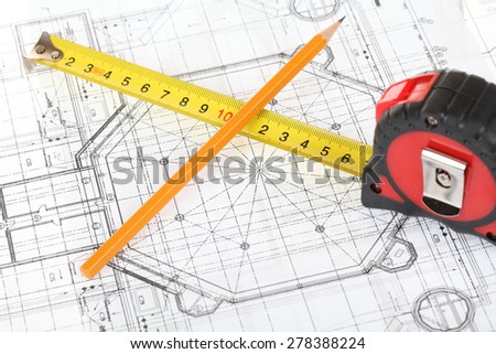 Architectural drawings and tools of the architect. Construction planning drawings