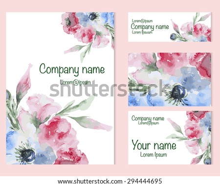 Set of business card and invitation card templates with watercolor flower. Vector corporate identity, Watercolor flower.
